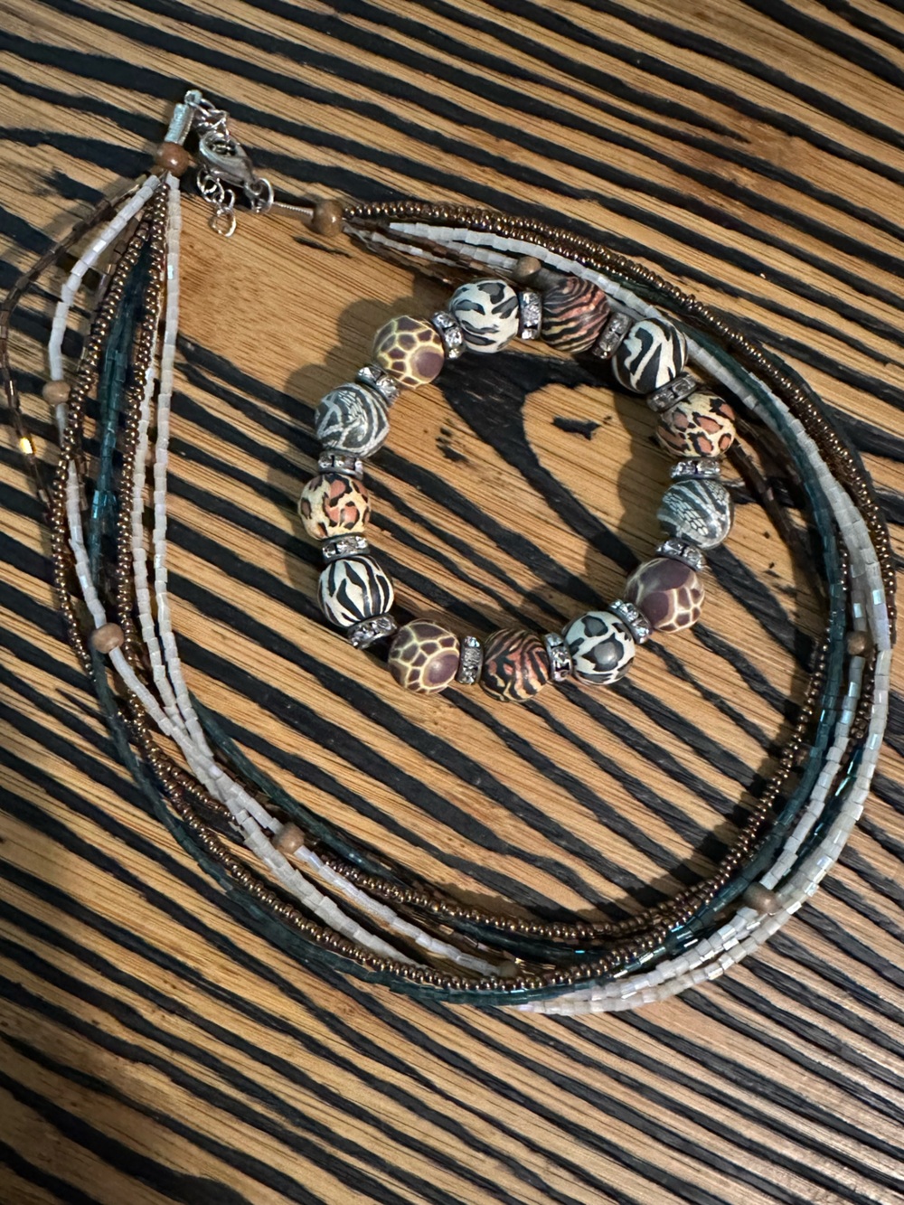 Boho Multistrand Beaded Necklace with Animal Print Stretch Bracelet - Brown